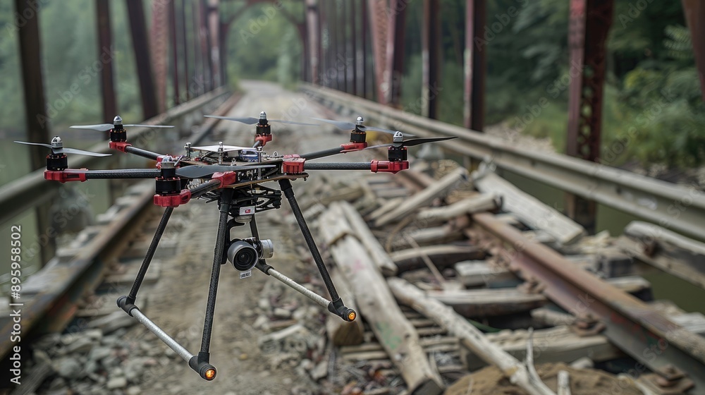 A construction drone inspecting the structural integrity of a bridge, scanning for signs of wear and damage. A construction drone inspecting the structural integrity of a bridge, scanning for signs of wear and damage.