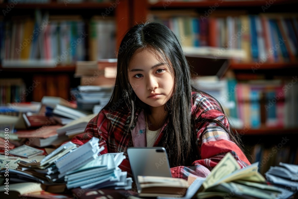 Female student learning financial literacy from analytic documents on smartphone or laptop. Female student learning financial literacy from analytic documents on smartphone or laptop.