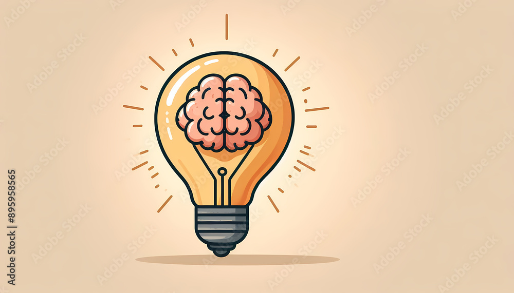 Illustration of brain inside of light bulb with concept of idea or brainstorm against beige background Illustration of brain inside of light bulb with concept of idea or brainstorm against beige background