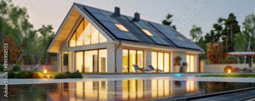 Modern, sustainable house with solar panels on the roof reflecting in a swimming pool at sunset © ALEXSTUDIO