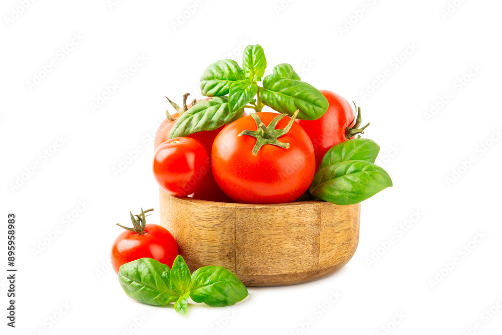 Fresh cherry tomatoes and fresh green basil isolated on white background. Tomato sauce. Vegan. Ingredients for salad. Organic food. Place for text. Copy space. Fresh cherry tomatoes and fresh green basil isolated on white background. Tomato sauce. Vegan. Ingredients for salad. Organic food. Place for text. Copy space.