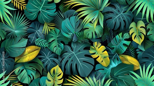 A close-up a variety of lush green tropical leaves in a seamless pattern SEAMLESS PATTERN © lililia