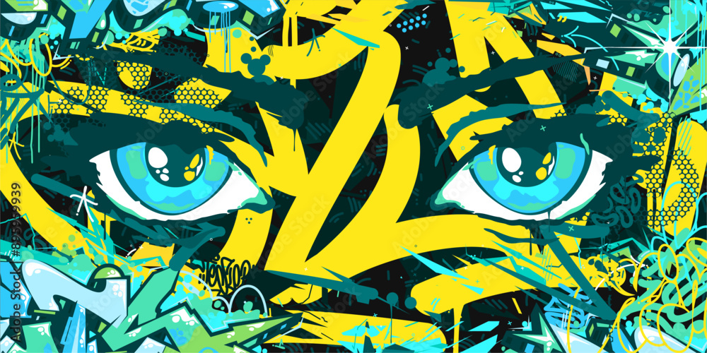 Fototapeta premium Modern Abstract Urban Futuristic Street Art Graffiti Style Background With Big Eyes Illustration