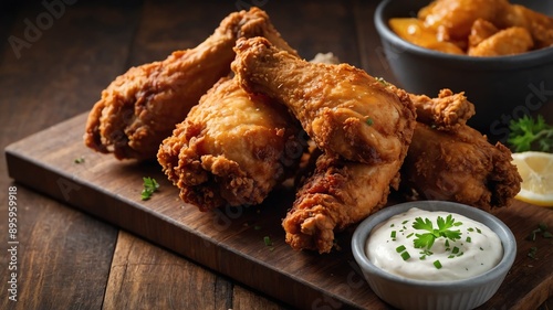 fried chicken drumsticks on wooden table photo for ad marketing business background