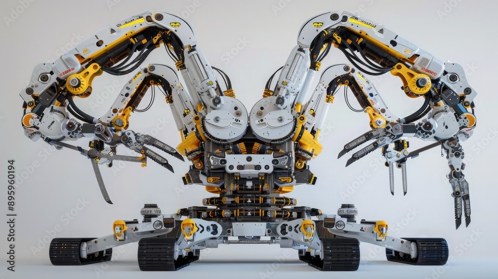 A construction robot equipped with multiple arms and tools, capable of performing a variety of tasks on site.