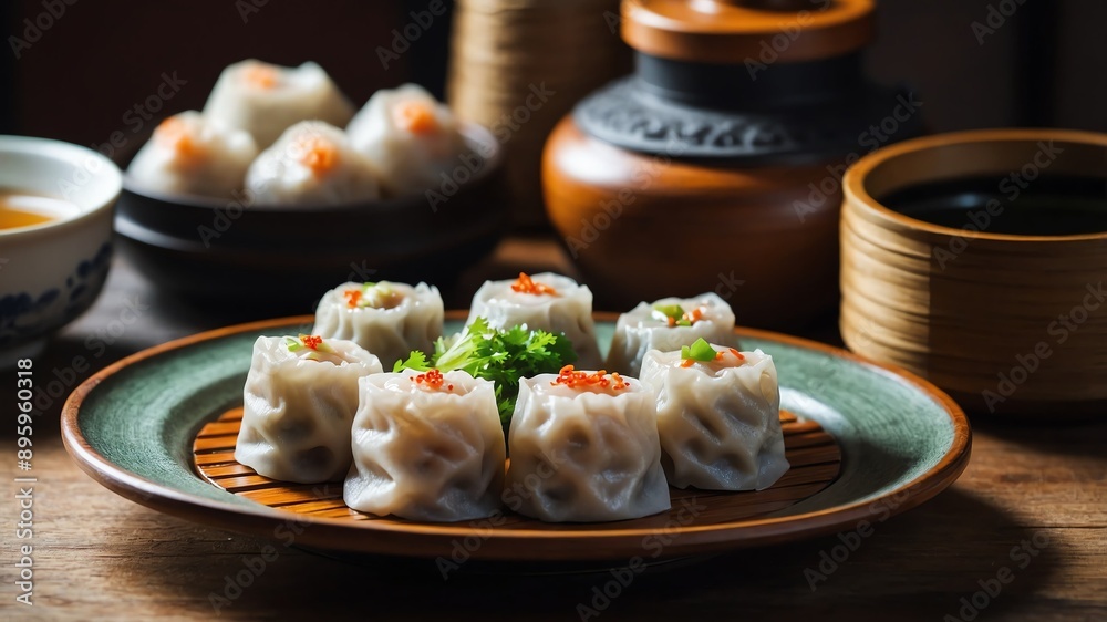 plate of steamed dimsum on wooden table photo for ad marketing business background plate of steamed dimsum on wooden table photo for ad marketing business background