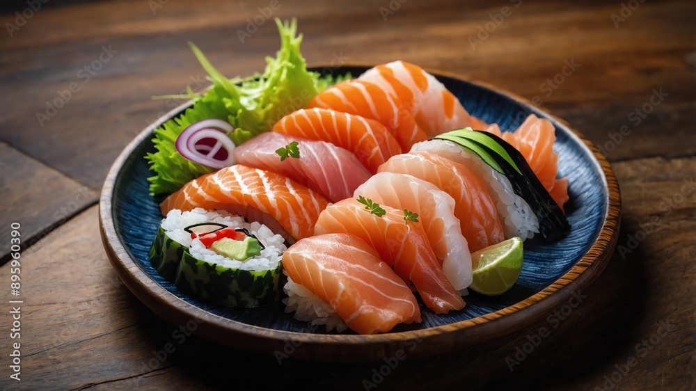 platter of sashimi on wooden table photo for ad marketing business background