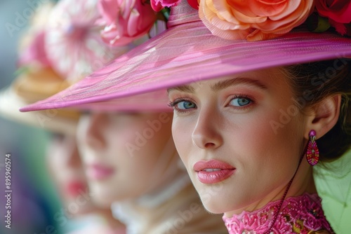 Elegant elderly woman wearing a vibrant hat, smiling confidently while surrounded by similarly dressed women at a social event.