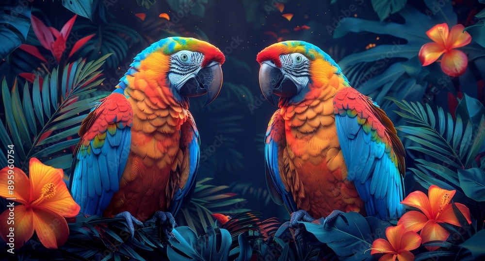 Exotic colorful background with macaws in the jungle surrounded by lush vegetation and blooming flowers Exotic colorful background with macaws in the jungle surrounded by lush vegetation and blooming flowers