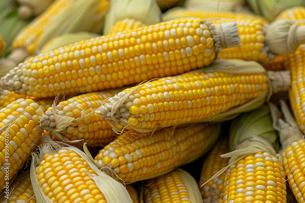 A pile of fresh yellow corn on the cob, dried and placed together in one large Pile of Corns, product photography A pile of fresh yellow corn on the cob, dried and placed together in one large Pile of Corns, product photography