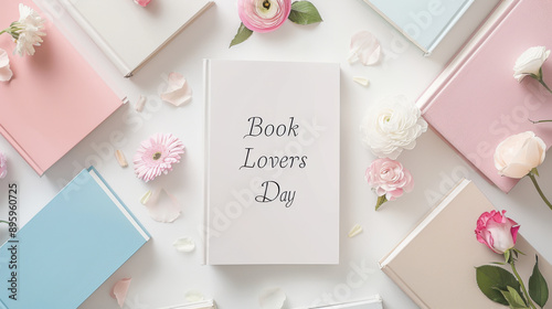 Elegant flat lay of books with 'Book Lovers Day' text, floral accents.