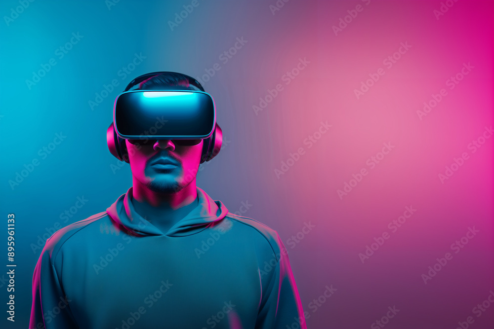 Youthful man in a futuristic costume with a holographic backdrop, looking focused and intense in a neon-lit room. Youthful man in a futuristic costume with a holographic backdrop, looking focused and intense in a neon-lit room.