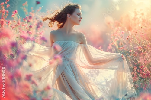 Wallpaper Mural A woman in a flowing white dress walking through a field of pink and purple flowers, bathed in soft, warm light. Torontodigital.ca