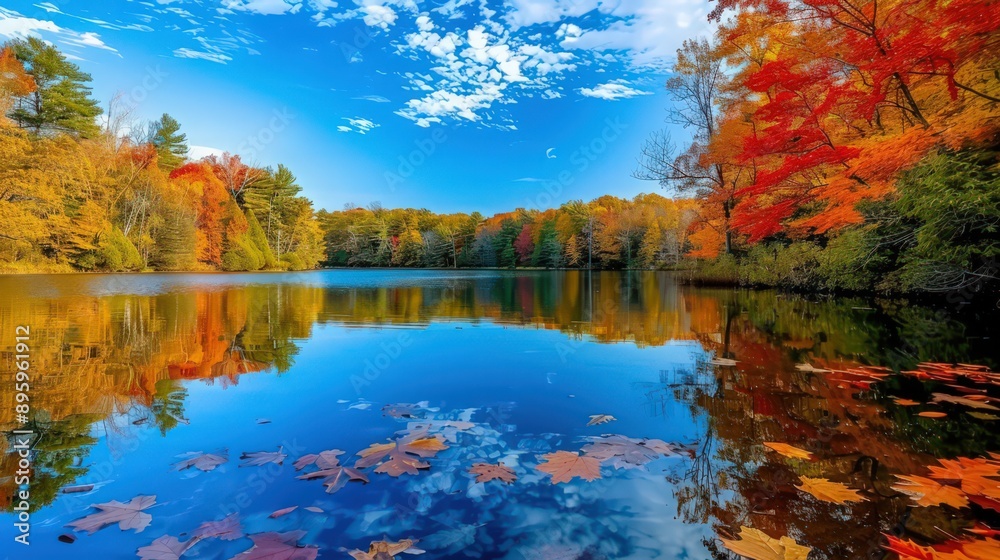 A scenic view of a tranquil lake reflecting the rich hues of autumn leaves from the surrounding trees, with a peaceful atmosphere and crisp fall air. A scenic view of a tranquil lake reflecting the rich hues of autumn leaves from the surrounding trees, with a peaceful atmosphere and crisp fall air.
