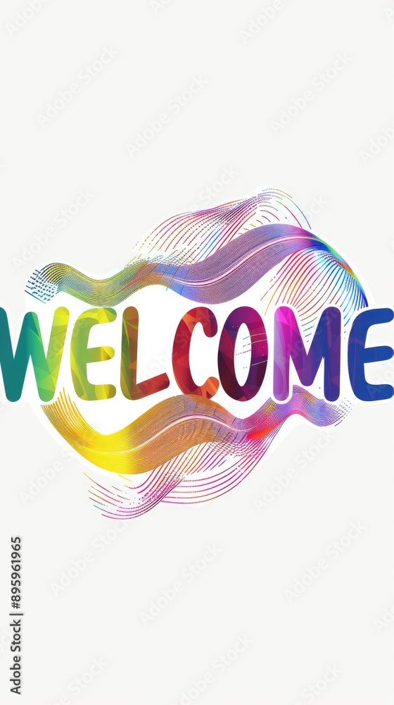 Obraz premium rainbow Welcome greeting text on white background with colorful waves and swirling lines, events, websites, greetings, hospitality industry and promotional materials