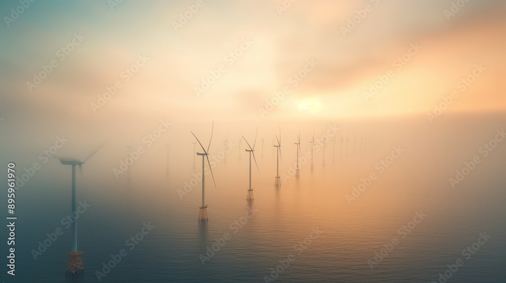 A group of wind turbines are in the water with a foggy sky in the background A group of wind turbines are in the water with a foggy sky in the background