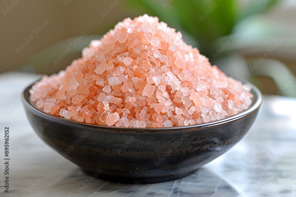 A Beautiful Bowl of Pink Himalayan Salt on a Marble Surface A Beautiful Bowl of Pink Himalayan Salt on a Marble Surface
