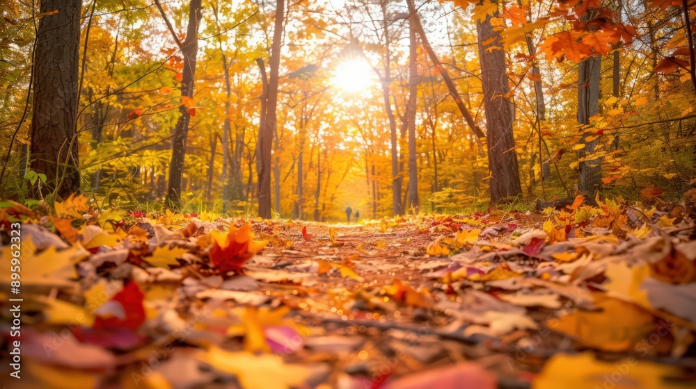 A serene autumn scene with a trail covered in fallen leaves, leading through a forest of trees displaying a brilliant array of fall colors under a bright sky A serene autumn scene with a trail covered in fallen leaves, leading through a forest of trees displaying a brilliant array of fall colors under a bright sky