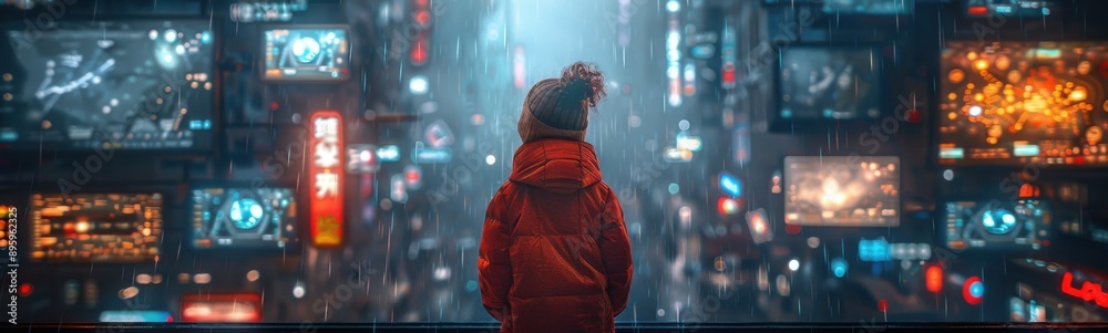 Obraz premium Person standing in the rain looking at a city