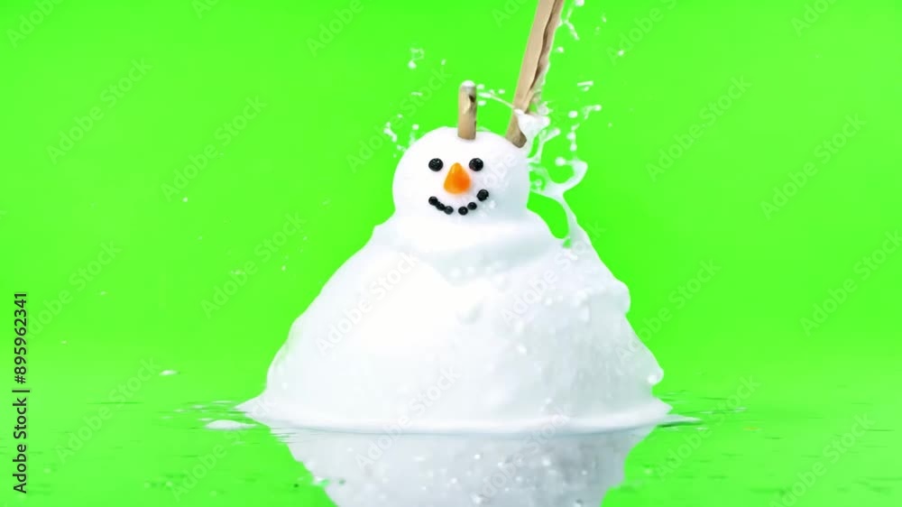 A melting snowman on a vibrant green screen symbolizes the passage of time and changing seasons A melting snowman on a vibrant green screen symbolizes the passage of time and changing seasons