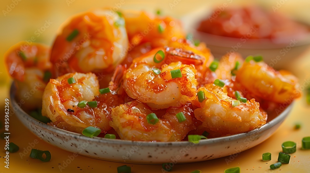 Crispy tempura shrimp, golden batter texture, scattered green onions, gradient pale yellow background, small bowl of vibrant red tomato sauce, food photography, macro details. Crispy tempura shrimp, golden batter texture, scattered green onions, gradient pale yellow background, small bowl of vibrant red tomato sauce, food photography, macro details.