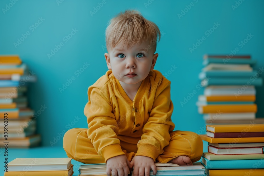 Adorable toddler in yellow outfit sitting among stacks of colorful books.