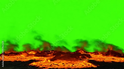 Spreading lava flow with smoke on green screen, symbolizing danger, destruction, or the wrath of nature