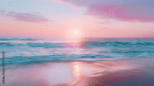 A serene beach sunset with a wide, open horizon and gentle waves, the sky painted in soft hues of pink and purple as the sun sets on the calm ocean