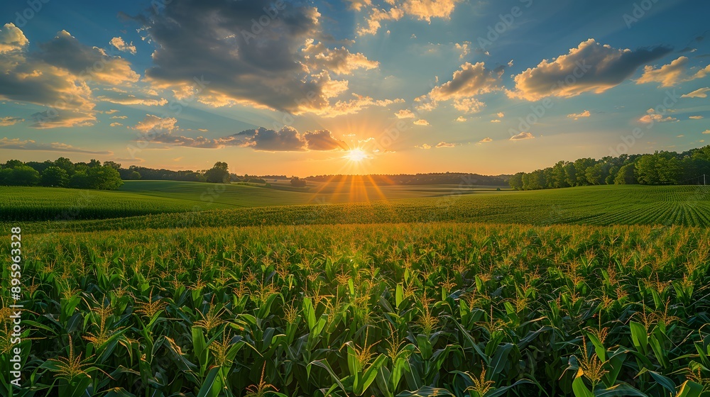 Lush green corn field, vibrant blue sky, fluffy white clouds, expansive agricultural landscape, golden sunlight, rich color saturation, wide-angle perspective, crisp focus on corn leaves. Lush green corn field, vibrant blue sky, fluffy white clouds, expansive agricultural landscape, golden sunlight, rich color saturation, wide-angle perspective, crisp focus on corn leaves.