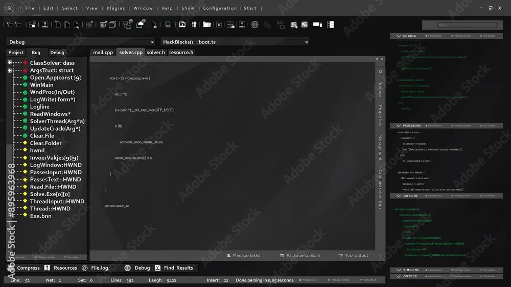 Dynamic programming code characters being animated inside software UI. 3D render of computer application user interface showcasing scrolling code being written and executed