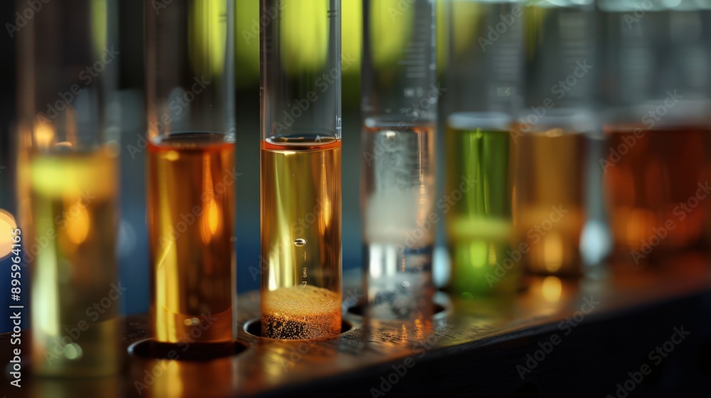 Detailed view of test tubes with different concentrations of a solution, showing how varying concentrations can affect the rate or outcome of a chemical reaction. Detailed view of test tubes with different concentrations of a solution, showing how varying concentrations can affect the rate or outcome of a chemical reaction.