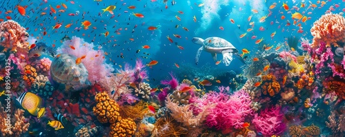 A vibrant coral reef teeming with colorful fish and graceful sea turtles.