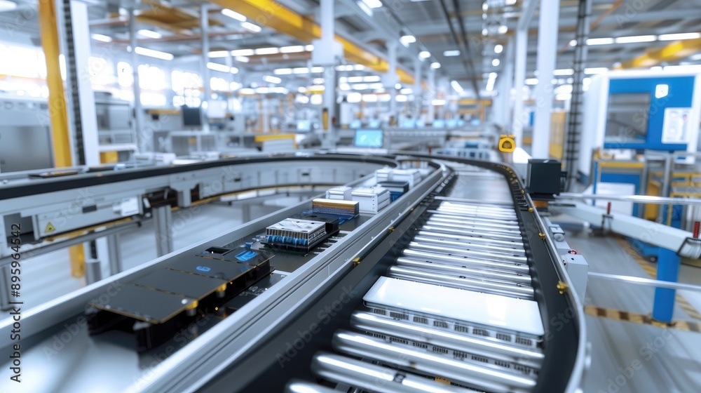 A conveyor belt carrying computer components through various stages of assembly and quality control in a modern factory. A conveyor belt carrying computer components through various stages of assembly and quality control in a modern factory.
