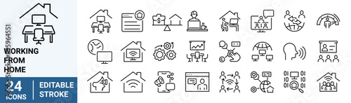 Working from home web line icon set. Containing remote work, work online, freelancing, home office, digital nomad.