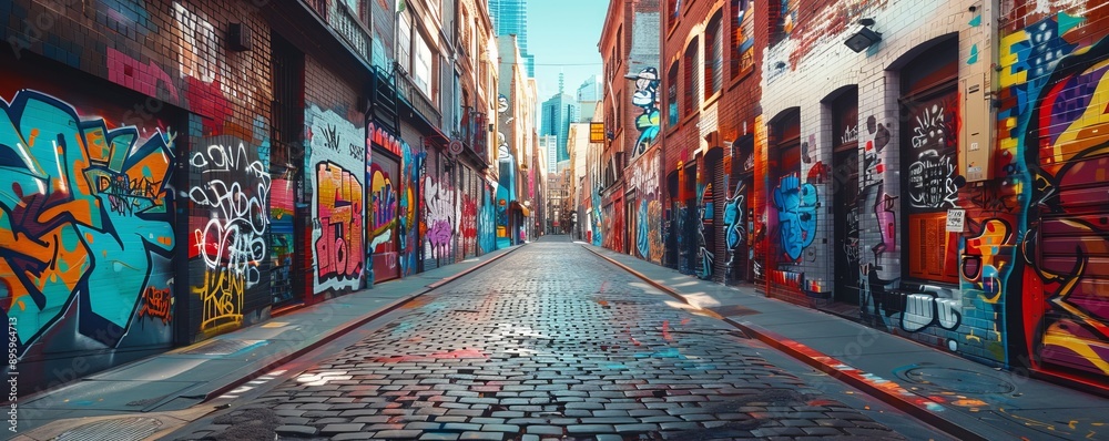 Obraz premium Enigmatic alleyway adorned with colorful murals, 4K hyperrealistic photo