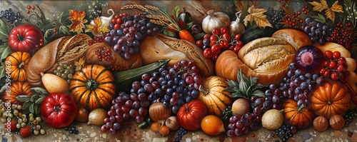 Bountiful harvest with plump fruits, colorful vegetables, and fresh bread