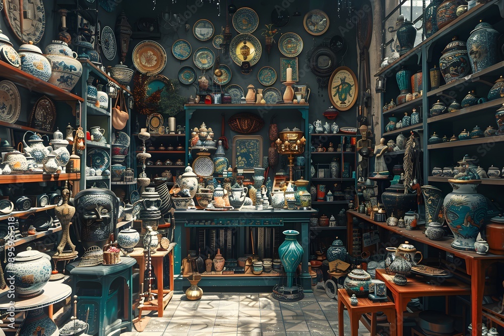 Obraz premium A Treasure Trove of Antique Pottery and Artifacts in a Charming Shop