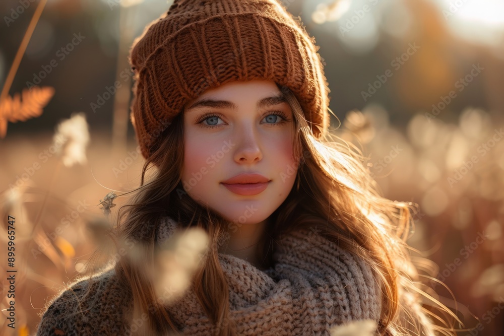 Portrait of a young woman in an autumn setting with golden leaves and a warm scarf. Portrait of a young woman in an autumn setting with golden leaves and a warm scarf.