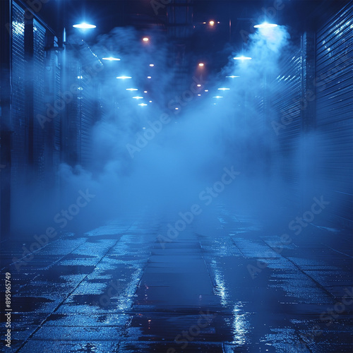 Dark street, wet asphalt, reflections of rays in the water. Abstract dark blue background, smoke, smog. Empty dark scene, neon light, Made with generative ai

