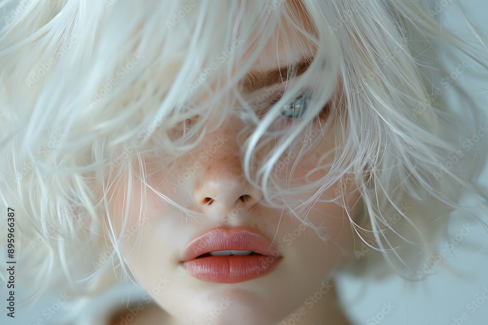 Ethereal Beauty: A Close-Up Portrait of a Young Woman with Soft Features and Wispy Hair Ethereal Beauty: A Close-Up Portrait of a Young Woman with Soft Features and Wispy Hair
