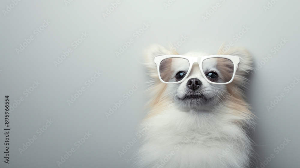 A dog wearing glasses is looking at the camera A dog wearing glasses is looking at the camera