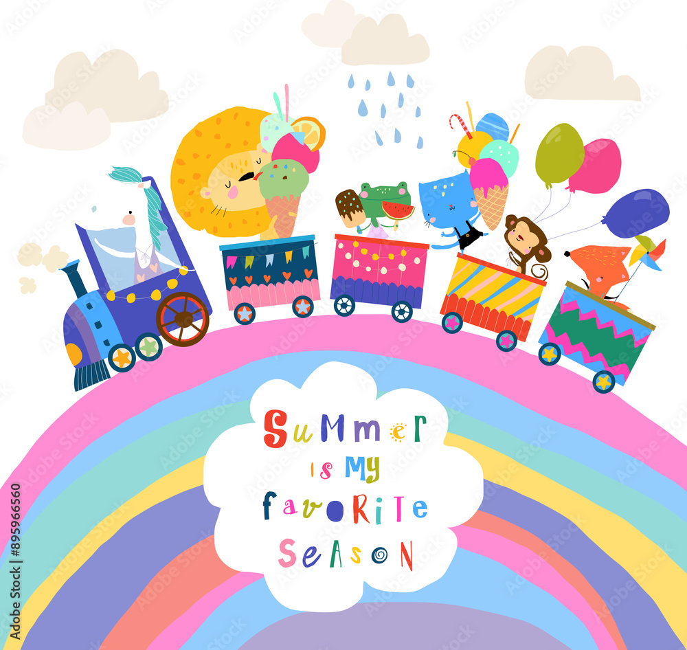 Naklejka premium Happy Animals traveling by Train on Rainbow. Vector illustration