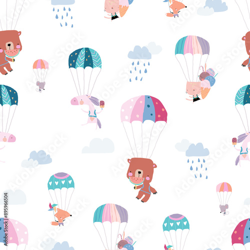 Wallpaper Mural Vector Seamless Pattern with Happy Animals flying with Colorful Parachutes in the Sky Torontodigital.ca