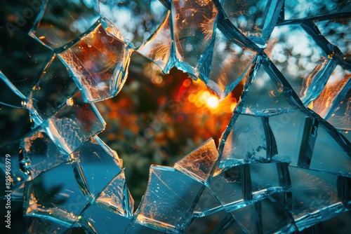 Broken glass window with a sun shining through it photo