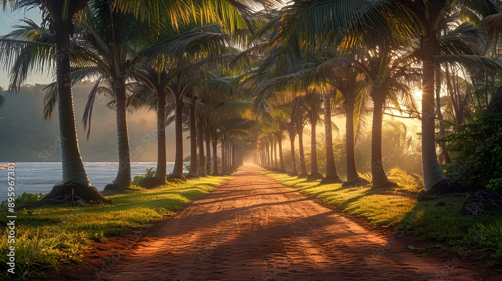 Obraz premium Palm tree avenue, golden morning sunlight, long shadows, misty atmosphere, dirt path, symmetrical composition, vanishing point perspective, lush green grass, tropical paradise.
