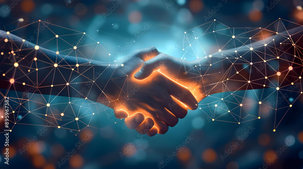 Digital Handshake, Networked Connection, Global Collaboration.