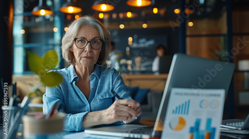 Caucasian Senior Businesswoman Analyzing Infographic Report: Senior Caucasian businesswoman analyzing a business infographic report on her laptop desk.