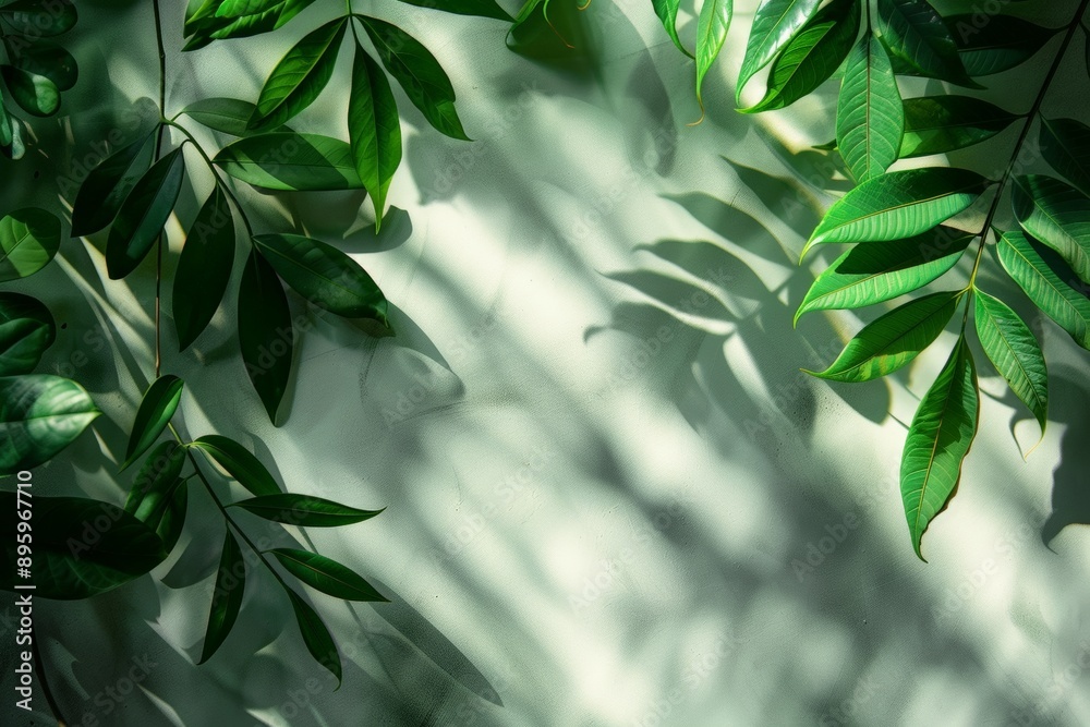 Green leaves casting shadows on a light green wall. Green leaves casting shadows on a light green wall.