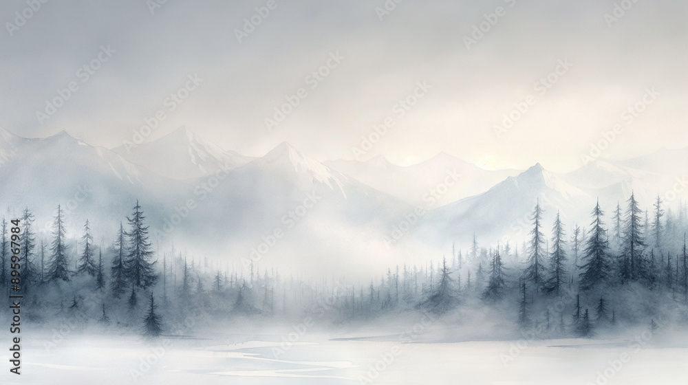 Obraz premium A mountain range with a foggy sky and a river in the foreground