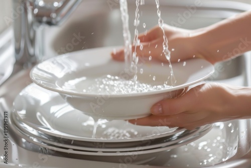 Woman washing white dishes under running water in kitchen sink